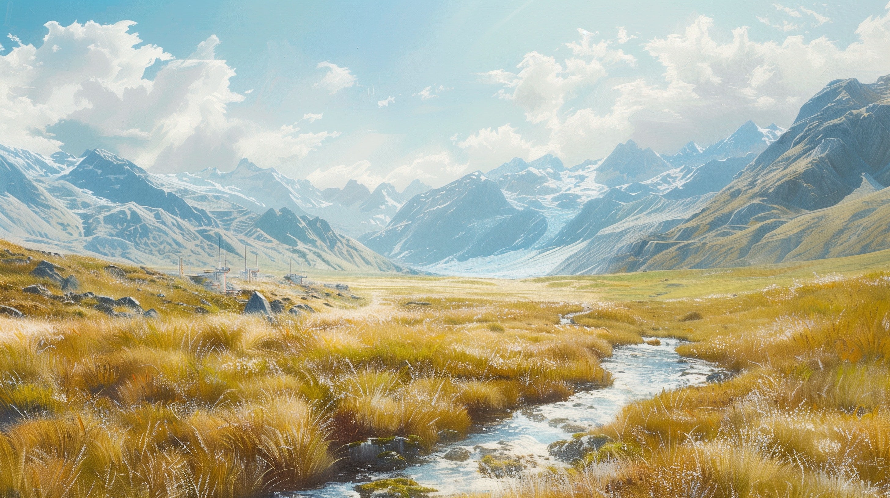 A braided stream winding through a tussock valley beneath snow-capped alps