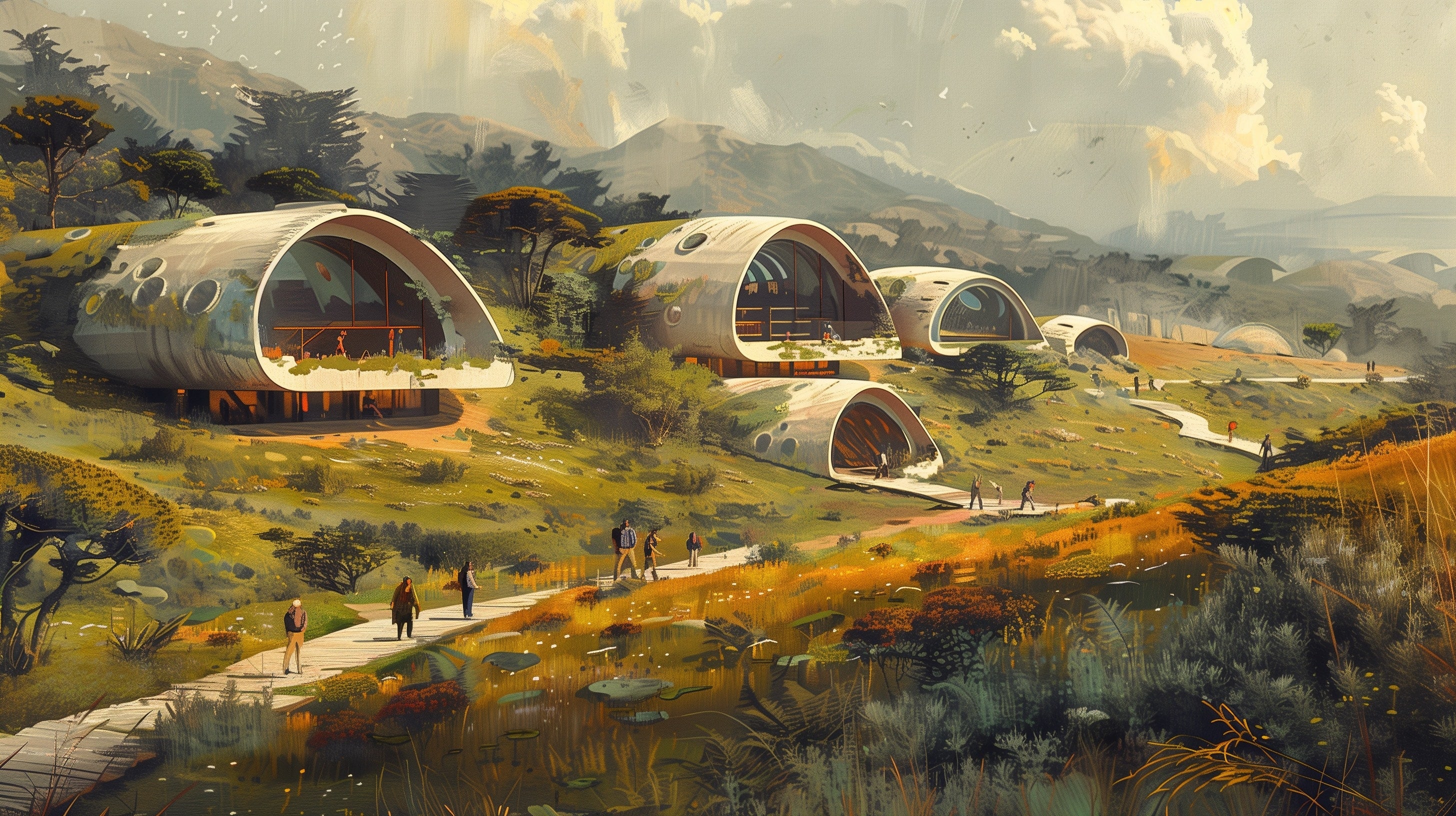 Arched dome dwellings set into a New Zealand coastal landscape with distant mountains