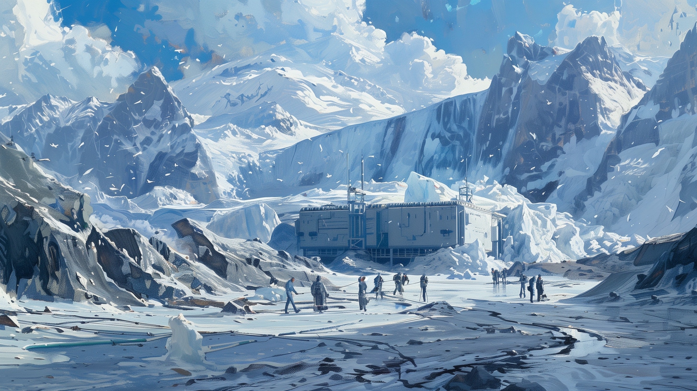 A research base built into a New Zealand glacier, workers crossing the ice